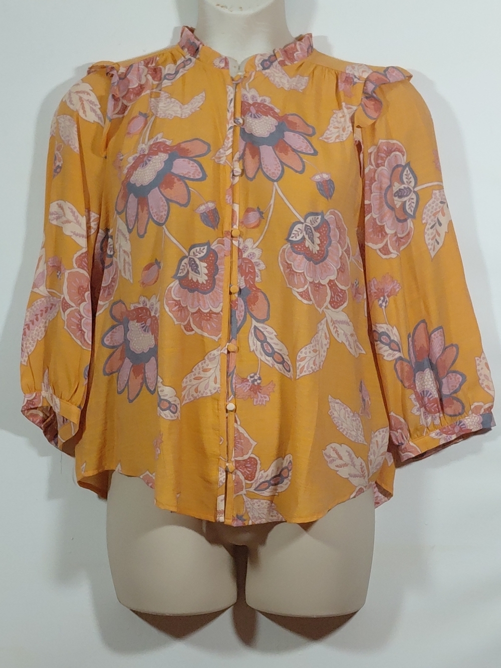 LC Lauren Conrad Orange Floral Ruffle-Neck Button Blouse